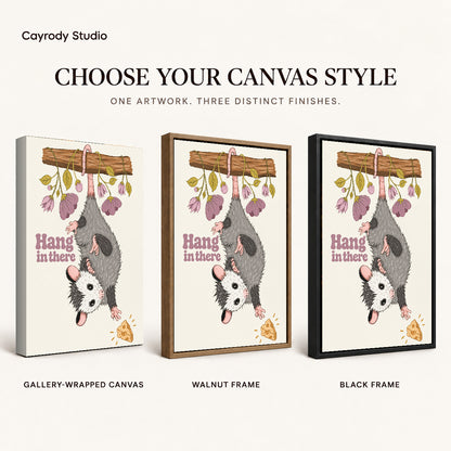 whimsical hanging opossum canvas art compared across gallery-wrapped canvas, walnut frame, and black frame finishes.