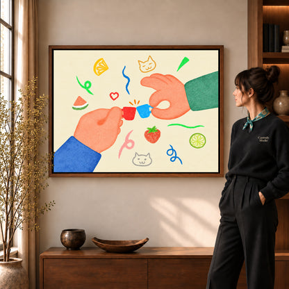 playful tiny cup cheers canvas art in a walnut frame beside a standing woman and wooden console.