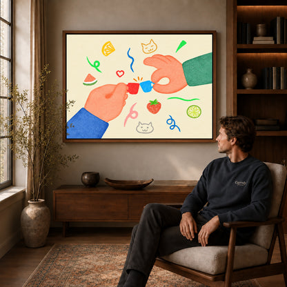 playful tiny cup cheers canvas art in a walnut frame above a console beside a seated man.
