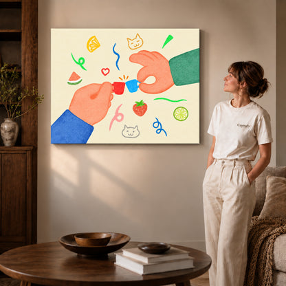 playful tiny cup cheers canvas art on gallery-wrapped canvas with visible edge depth beside a standing woman.