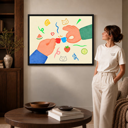 playful tiny cup cheers canvas art in a black frame beside a woman and round wooden table.