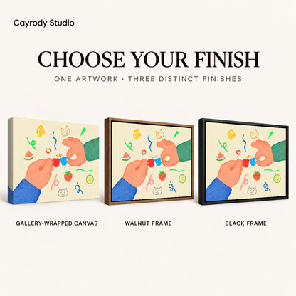 playful tiny cup cheers canvas art compared across gallery-wrapped canvas, walnut frame, and black frame finishes.