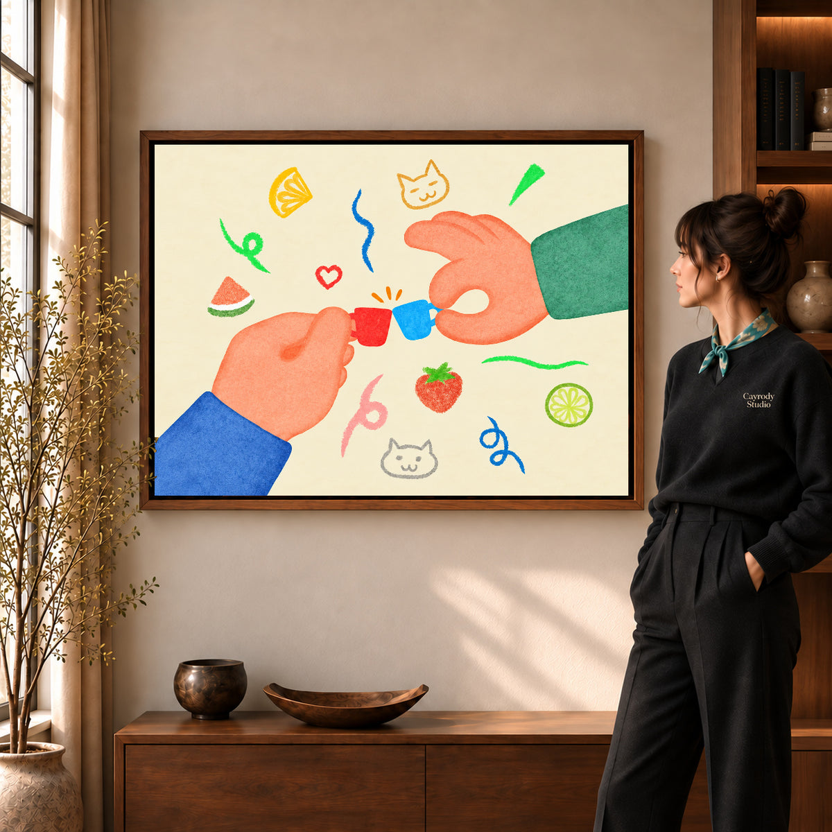 playful tiny cup cheers canvas art shown in the walnut frame option within a warm living room.