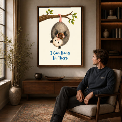 whimsical donut opossum canvas art in a walnut frame above a console beside a seated man.