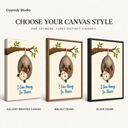 whimsical donut opossum canvas art compared across gallery-wrapped canvas, walnut frame, and black frame finishes.