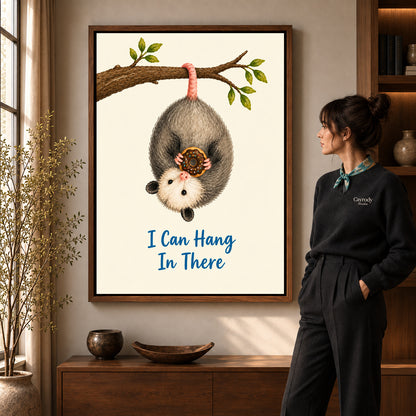 whimsical donut opossum canvas art shown in the walnut frame option within a warm living room.