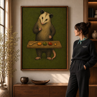 painterly curious opossum canvas art in a walnut frame beside a standing woman and wooden console.