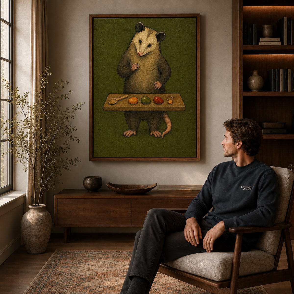 painterly curious opossum canvas art in a walnut frame above a console beside a seated man.