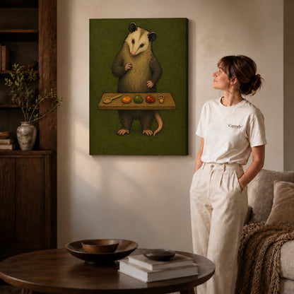 painterly curious opossum canvas art on gallery-wrapped canvas with natural edge shading beside a standing woman.