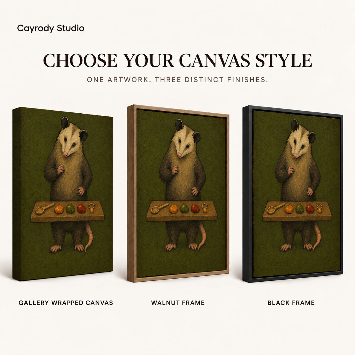 painterly curious opossum canvas art compared across gallery-wrapped canvas, walnut frame, and black frame finishes.