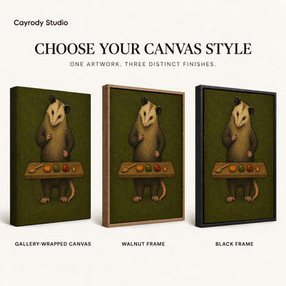 painterly curious opossum canvas art compared across gallery-wrapped canvas, walnut frame, and black frame finishes.