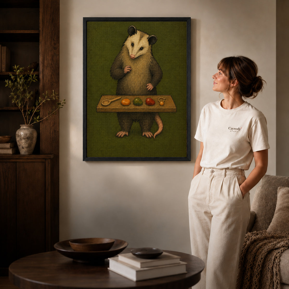 painterly curious opossum canvas art shown in the black frame option against a softly lit wall.
