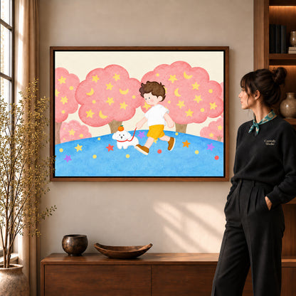 folk starry dog walk canvas art in a walnut frame beside a standing woman and wooden console.
