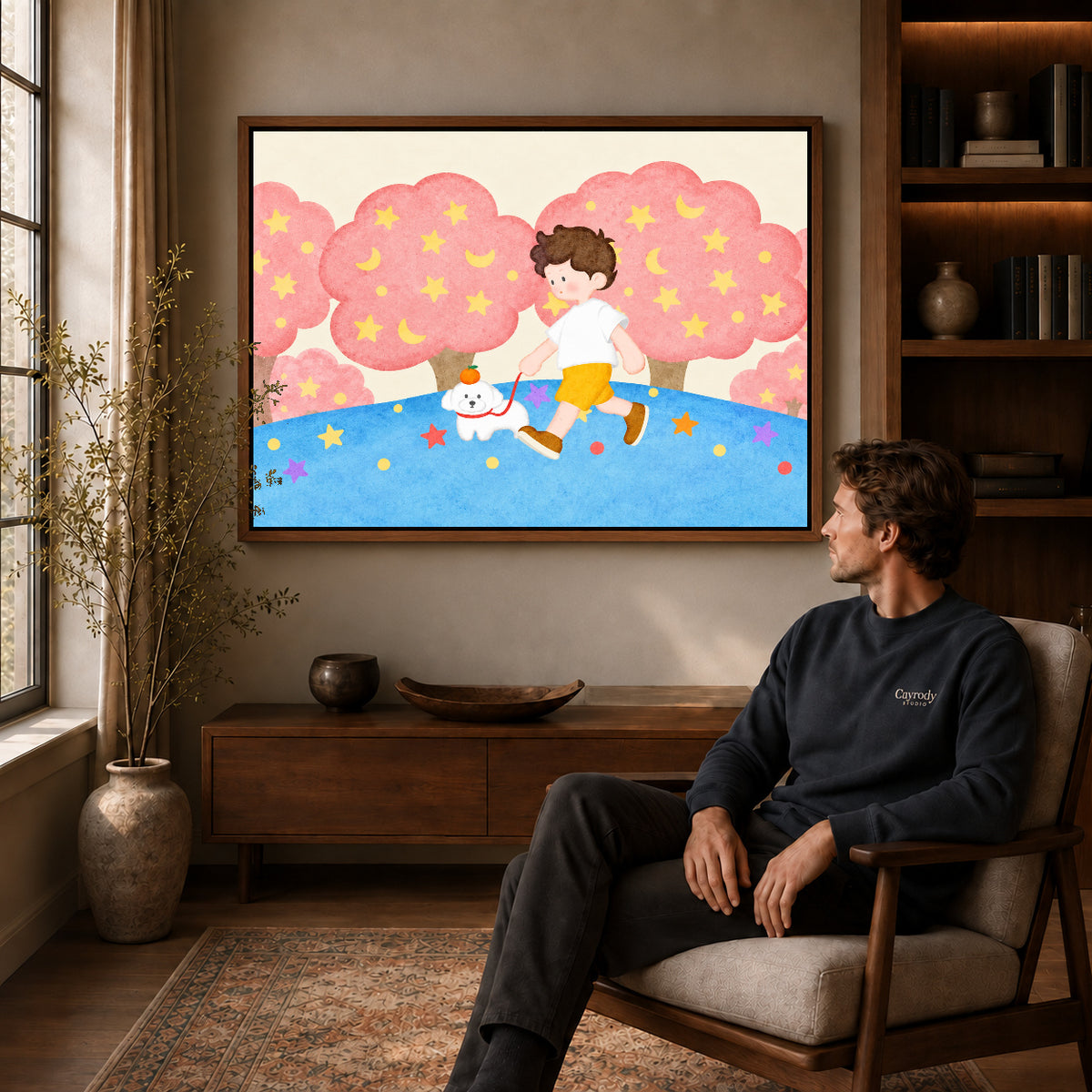folk starry dog walk canvas art in a walnut frame above a console beside a seated man.