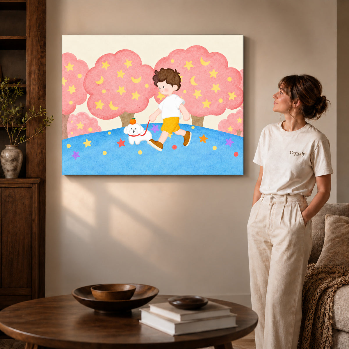 folk starry dog walk canvas art on gallery-wrapped canvas with visible edge depth beside a standing woman.