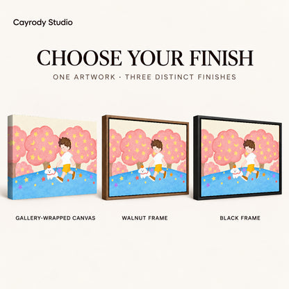 folk starry dog walk canvas art compared across gallery-wrapped canvas, walnut frame, and black frame finishes.
