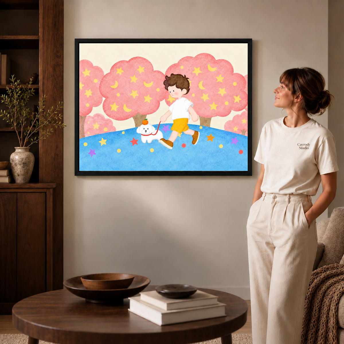 folk starry dog walk canvas art shown in the black frame option against a softly lit wall.
