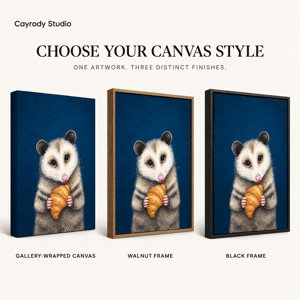 croissant opossum portrait canvas art compared across gallery-wrapped canvas, walnut frame, and black frame finishes.
