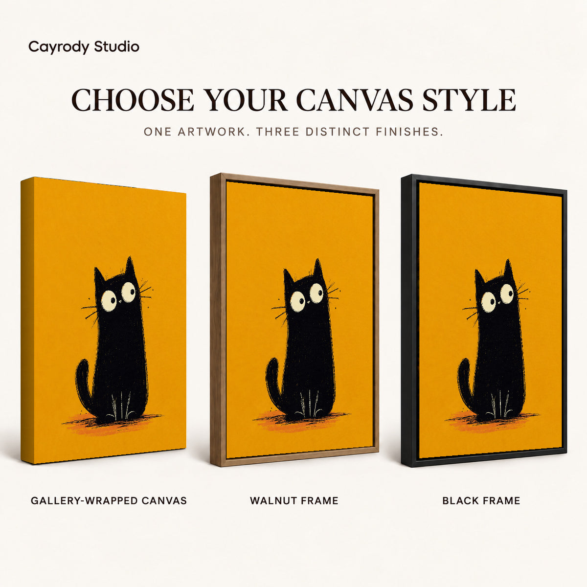 minimalist mustard cat canvas art compared across gallery-wrapped canvas, walnut frame, and black frame finishes.