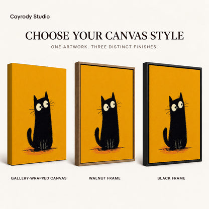 minimalist mustard cat canvas art compared across gallery-wrapped canvas, walnut frame, and black frame finishes.