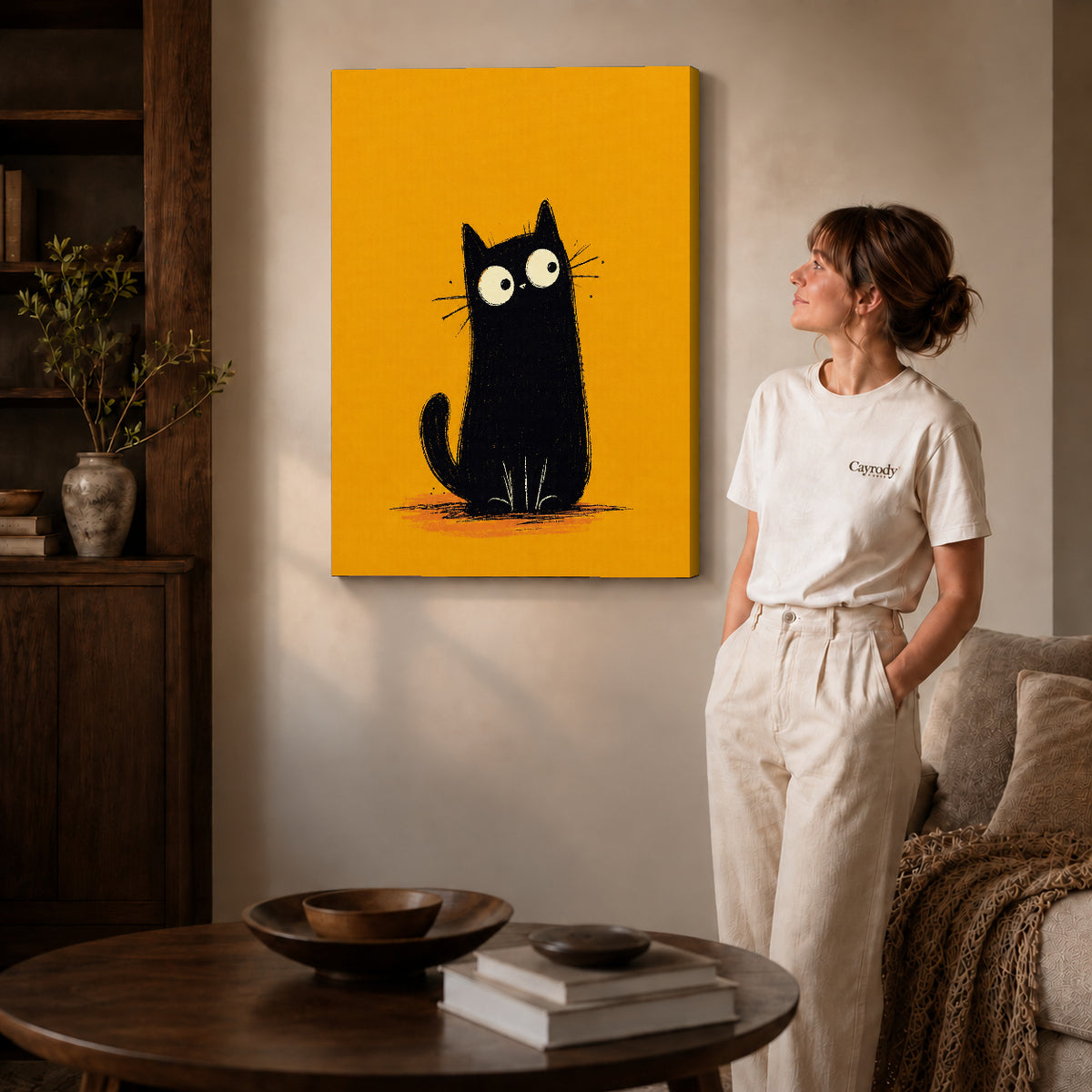 minimalist mustard cat canvas art shown in the gallery-wrapped option with visible depth and warm surroundings.