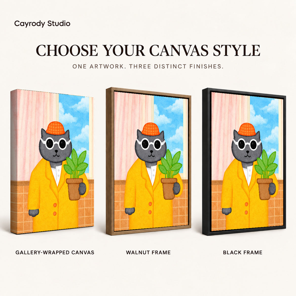 whimsical plant lover cat canvas art compared across gallery-wrapped canvas, walnut frame, and black frame finishes.