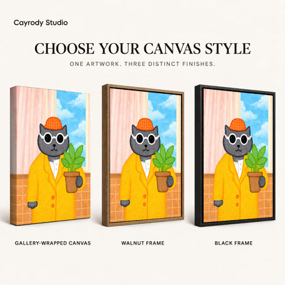 whimsical plant lover cat canvas art compared across gallery-wrapped canvas, walnut frame, and black frame finishes.