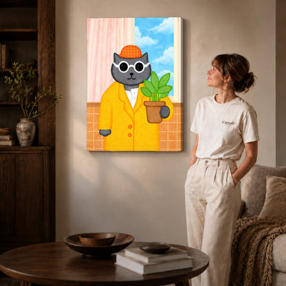 whimsical plant lover cat canvas art shown in the gallery-wrapped option with visible depth and warm surroundings.