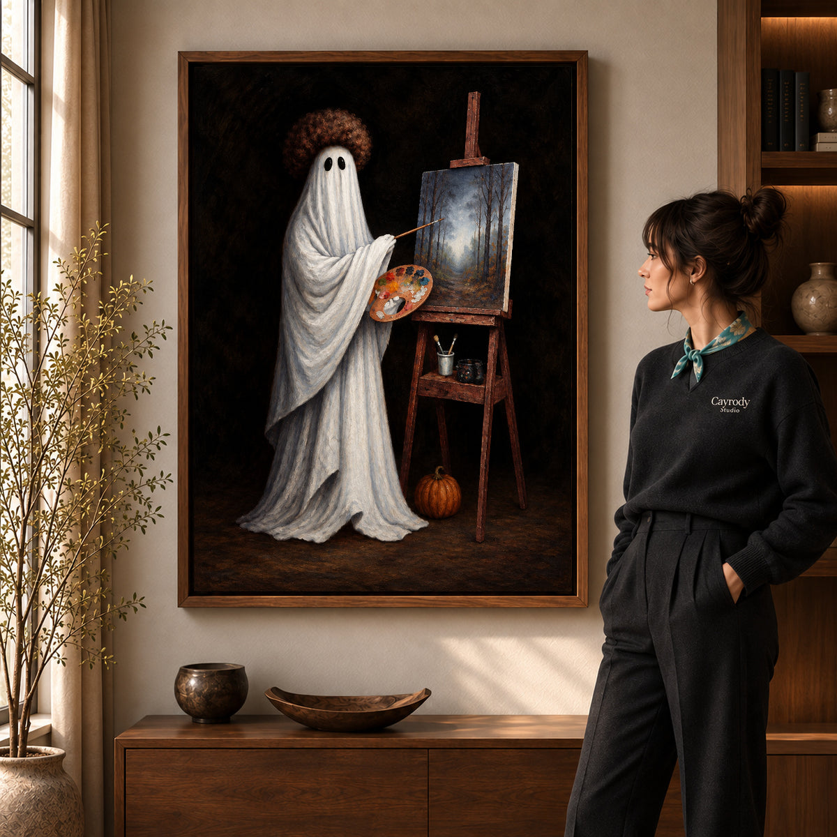 vintage ghost painter canvas art in a walnut frame beside a standing woman and wooden console.