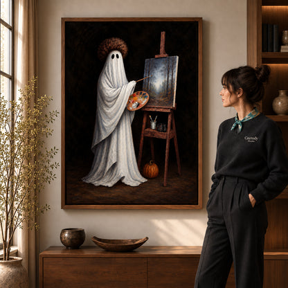 vintage ghost painter canvas art in a walnut frame beside a standing woman and wooden console.