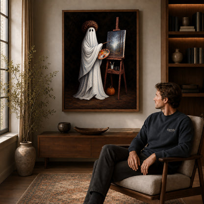 vintage ghost painter canvas art in a walnut frame above a console beside a seated man.