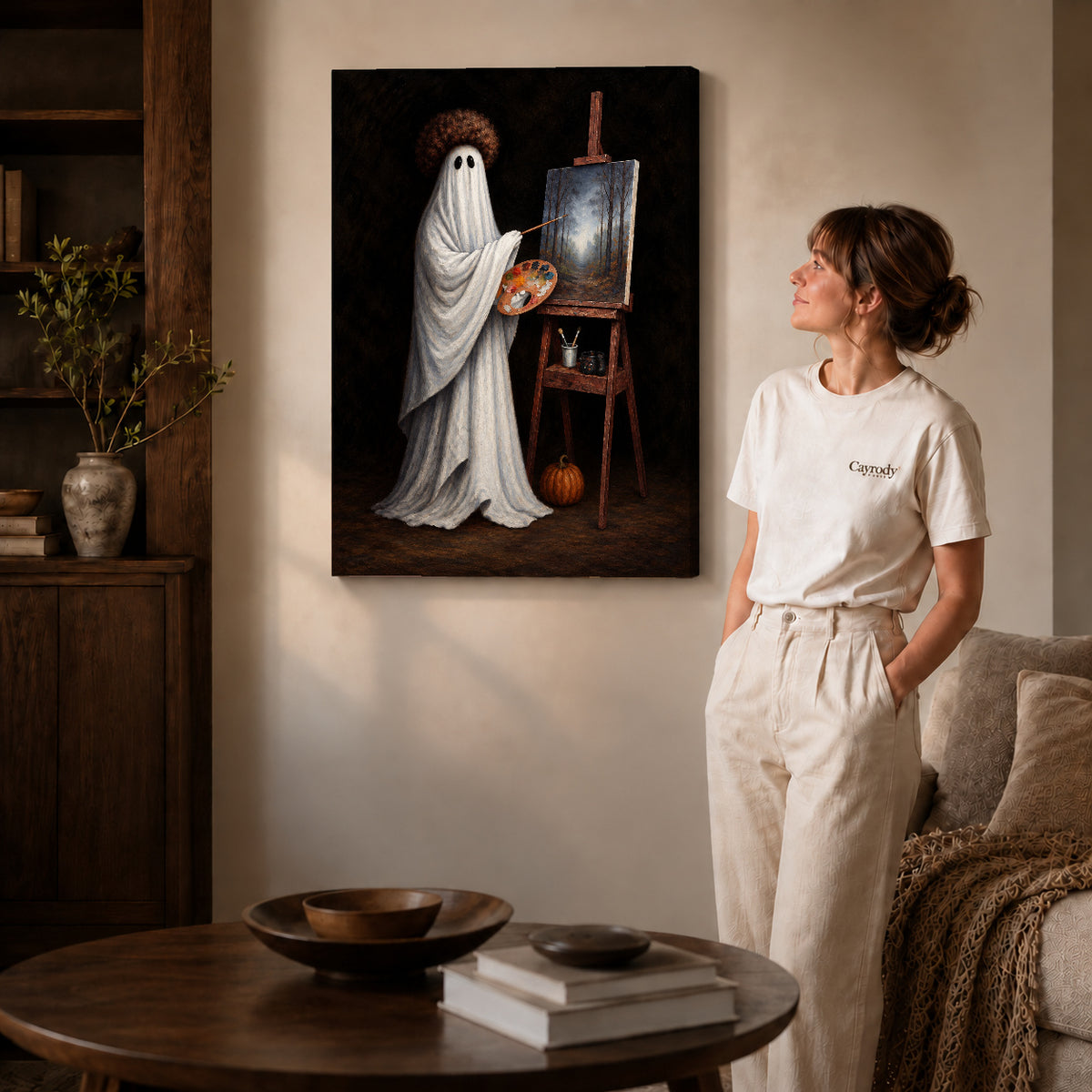 vintage ghost painter canvas art on gallery-wrapped canvas with natural edge shading beside a standing woman.