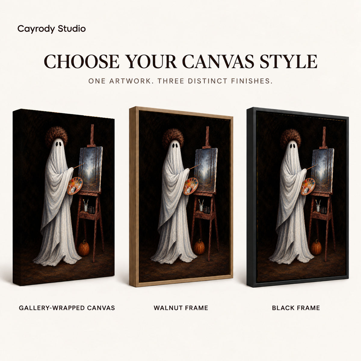 vintage ghost painter canvas art compared across gallery-wrapped canvas, walnut frame, and black frame finishes.