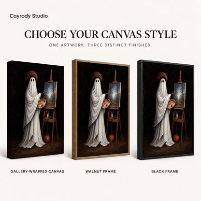 vintage ghost painter canvas art compared across gallery-wrapped canvas, walnut frame, and black frame finishes.