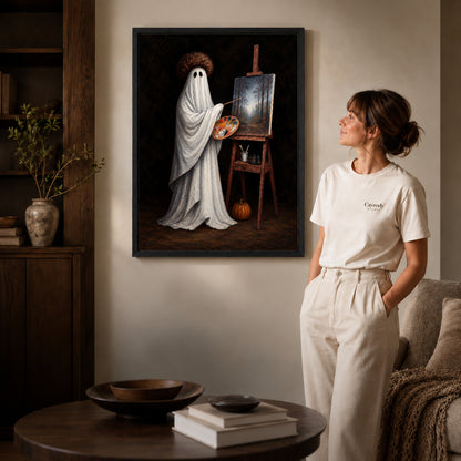 vintage ghost painter canvas art shown in the black frame option against a softly lit wall.