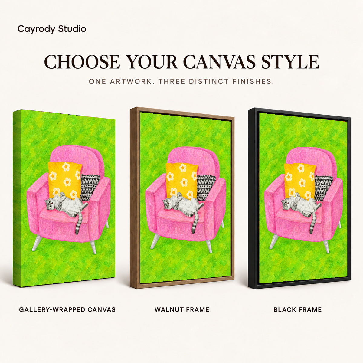 playful reclining cat canvas art compared across gallery-wrapped canvas, walnut frame, and black frame finishes.