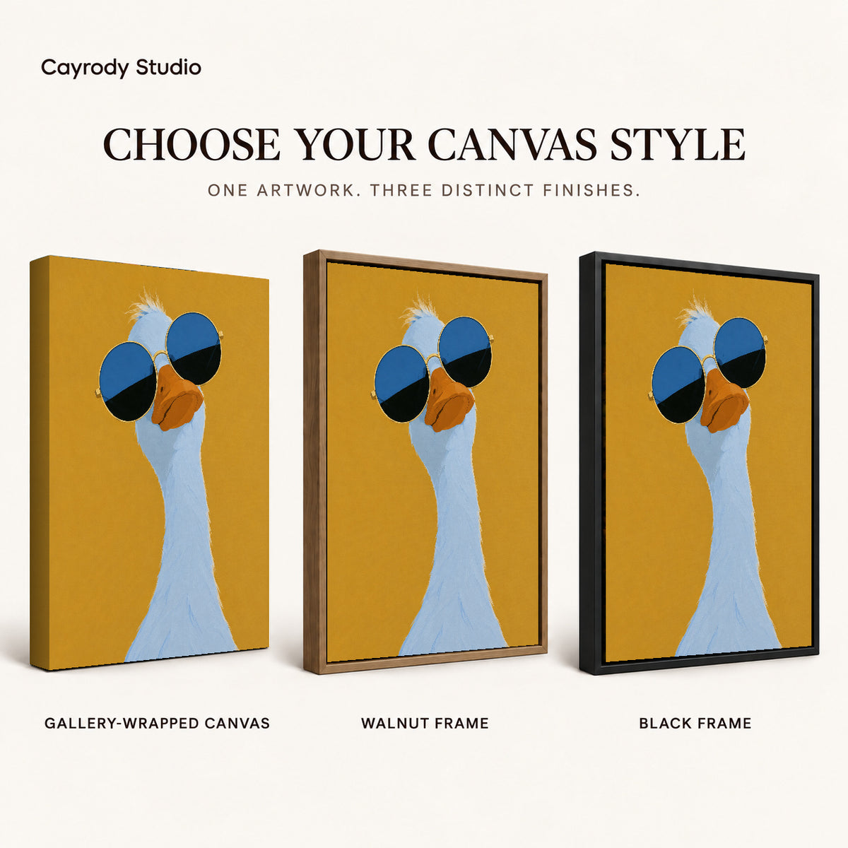 sunglasses goose portrait canvas art compared across gallery-wrapped canvas, walnut frame, and black frame finishes.
