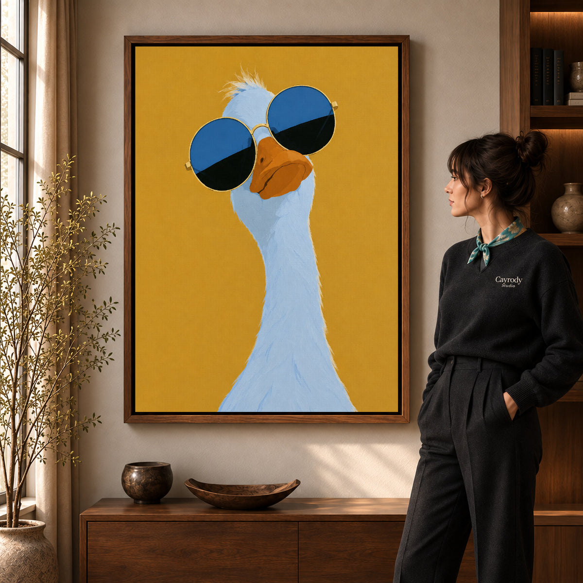 sunglasses goose portrait canvas art shown in the walnut frame option within a warm living room.