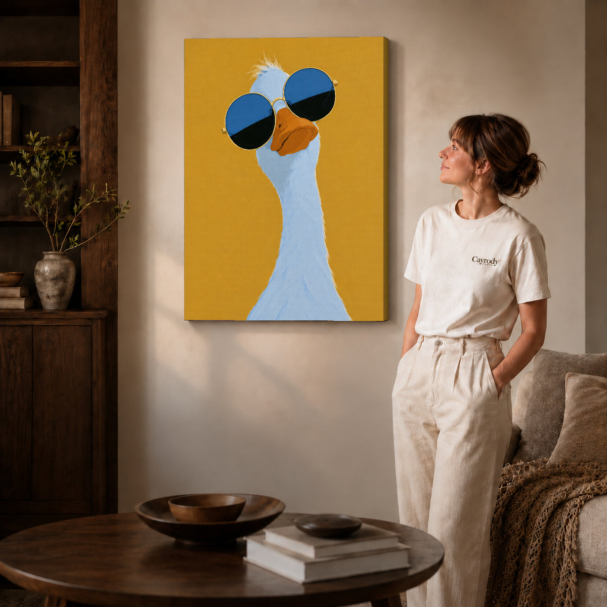 sunglasses goose portrait canvas art shown in the gallery-wrapped option with visible depth and warm surroundings.