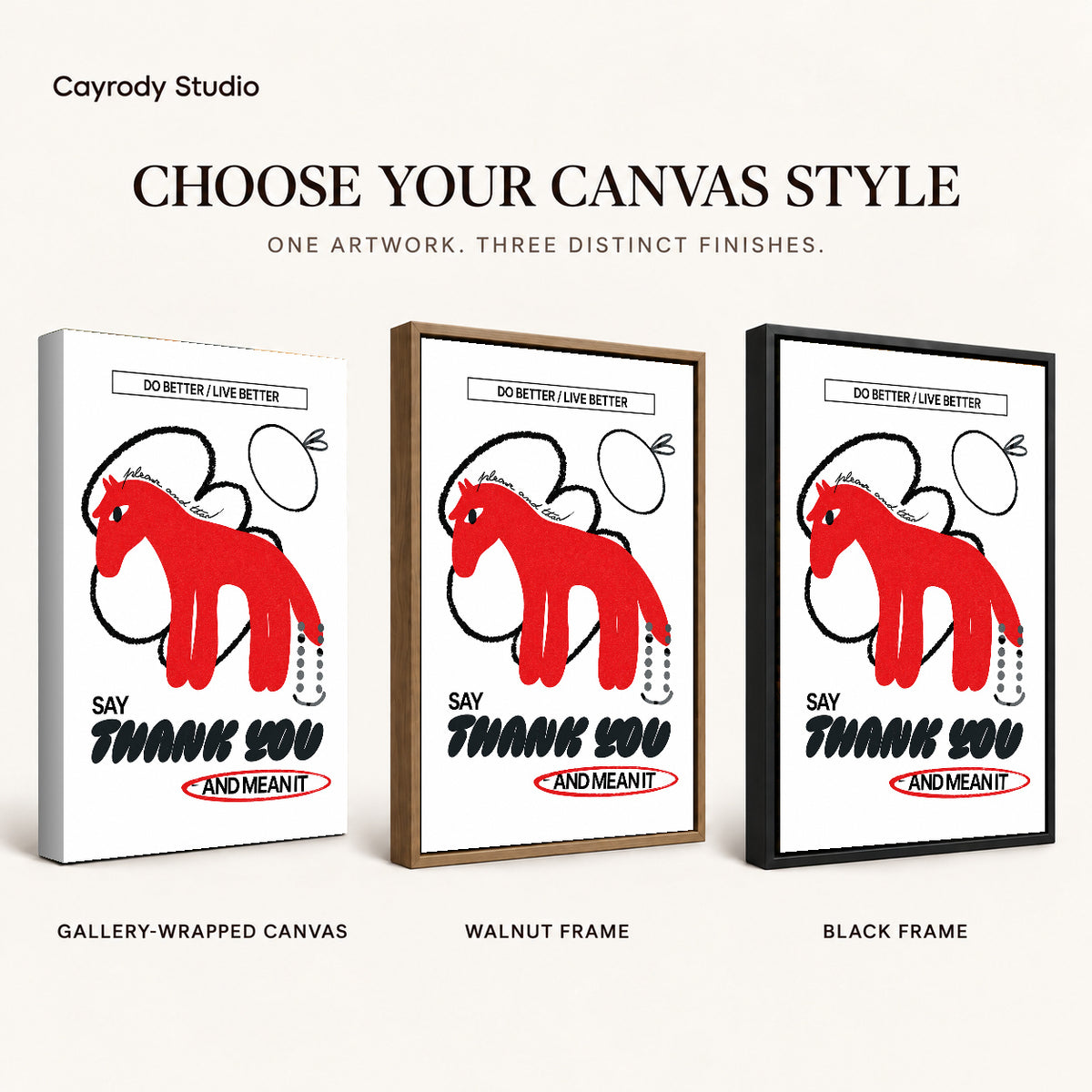 graphic gratitude horse canvas art compared across gallery-wrapped canvas, walnut frame, and black frame finishes.