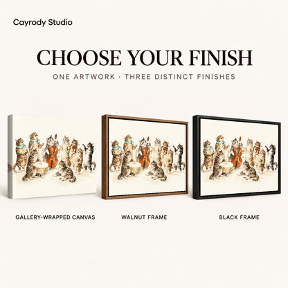 vintage cat orchestra canvas art compared across gallery-wrapped canvas, walnut frame, and black frame finishes.