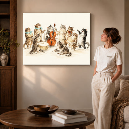 vintage cat orchestra canvas art shown in the gallery-wrapped option with natural side shading and warm surroundings.