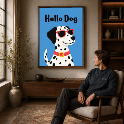 playful hello dog canvas art in a walnut frame above a console beside a seated man.