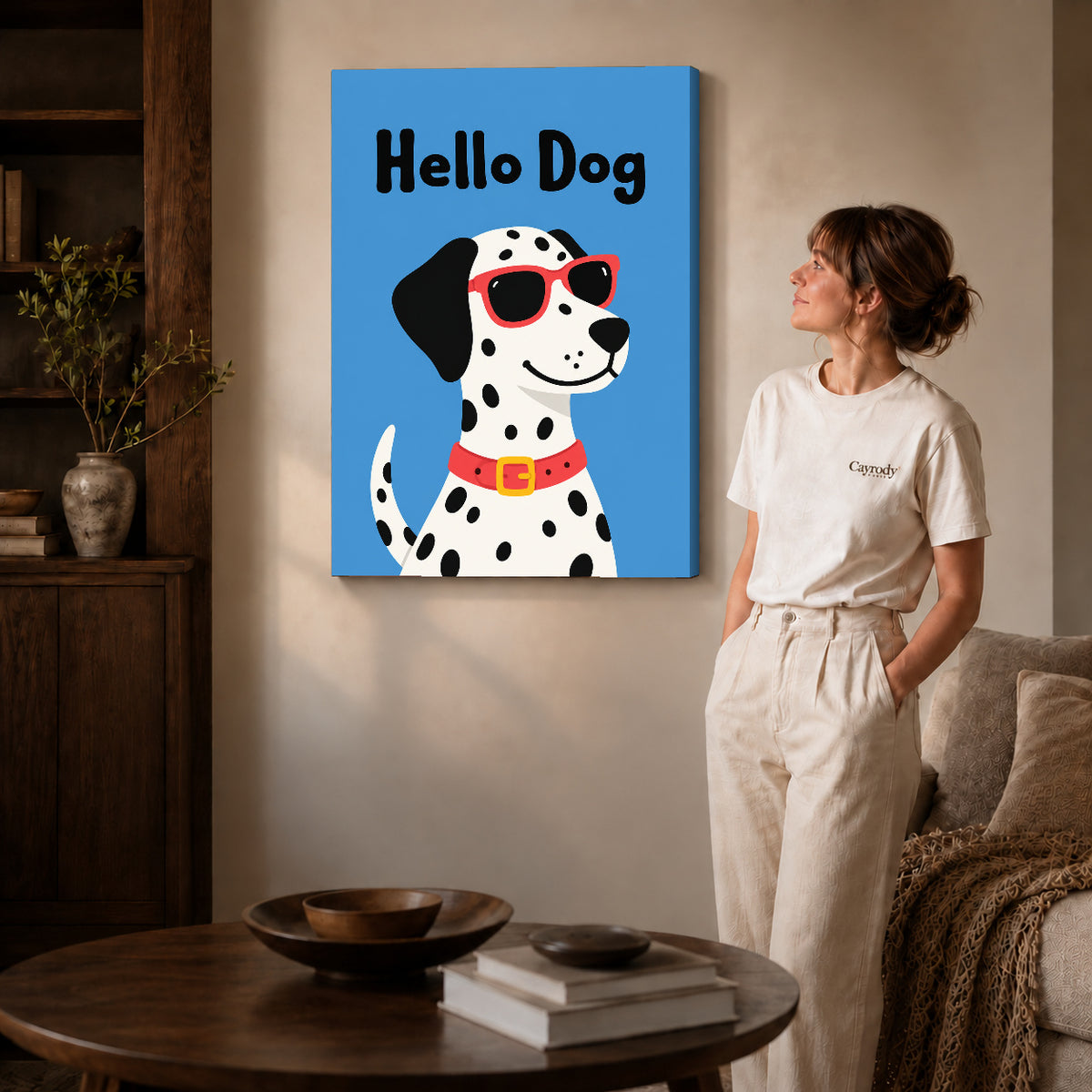 playful hello dog canvas art on gallery-wrapped canvas with natural edge shading beside a standing woman.