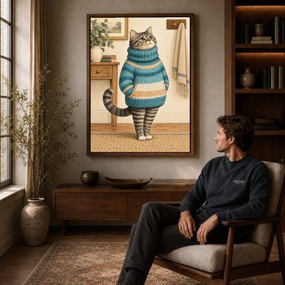 vintage sweater tabby canvas art in a walnut frame above a console beside a seated man.