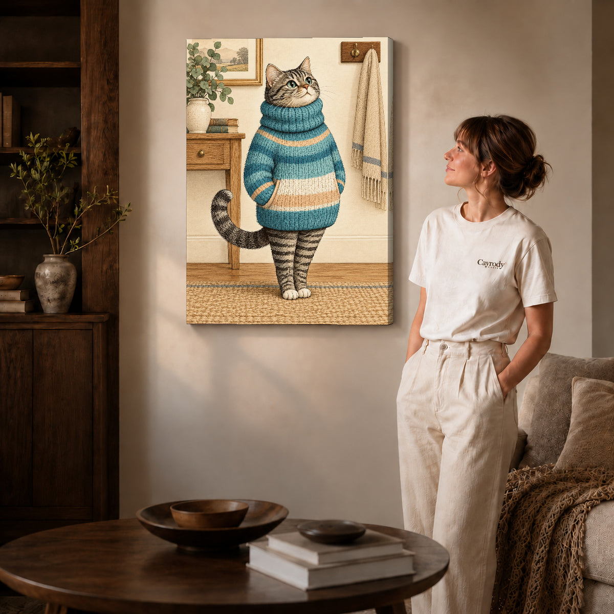 vintage sweater tabby canvas art on gallery-wrapped canvas with natural edge shading beside a standing woman.
