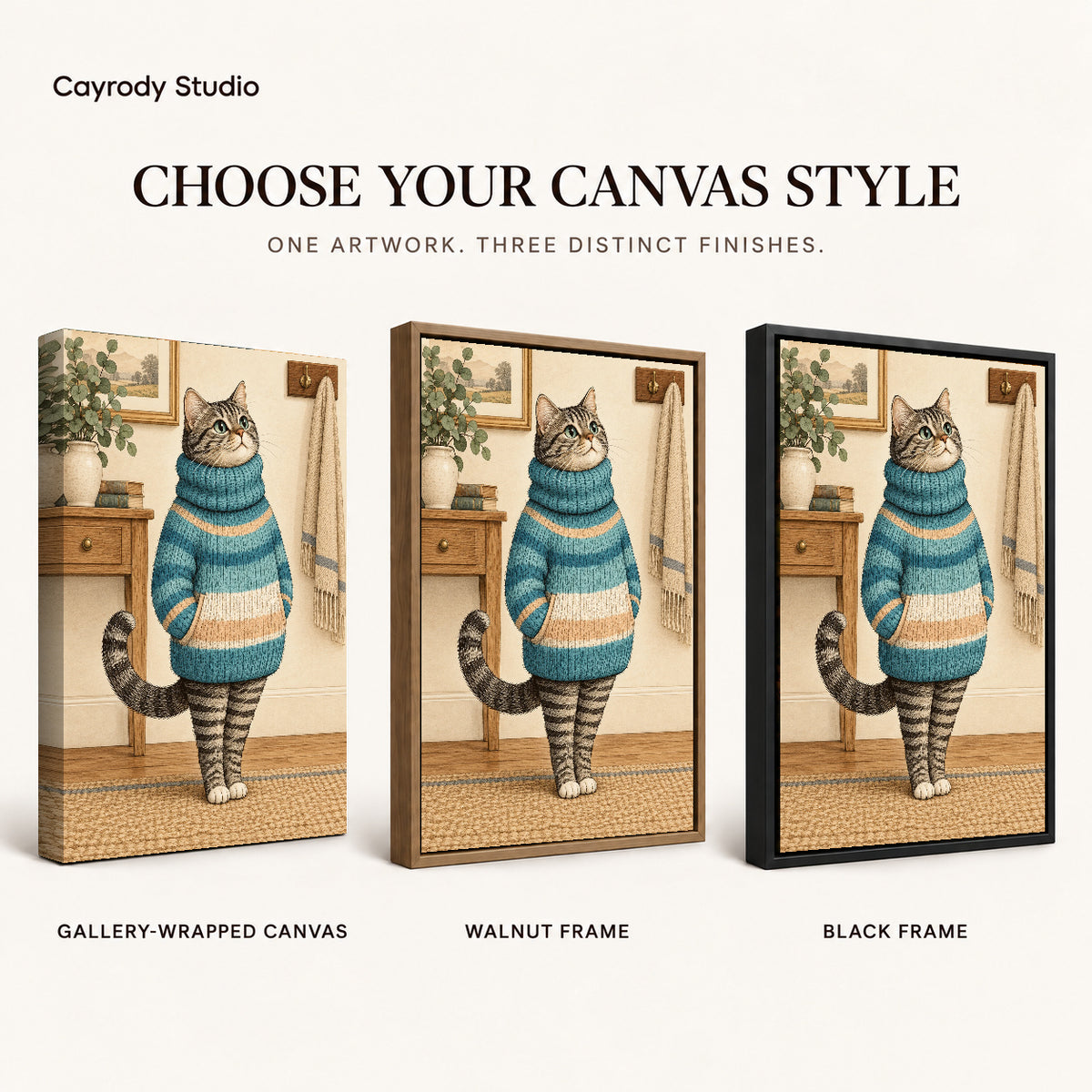 vintage sweater tabby canvas art compared across gallery-wrapped canvas, walnut frame, and black frame finishes.