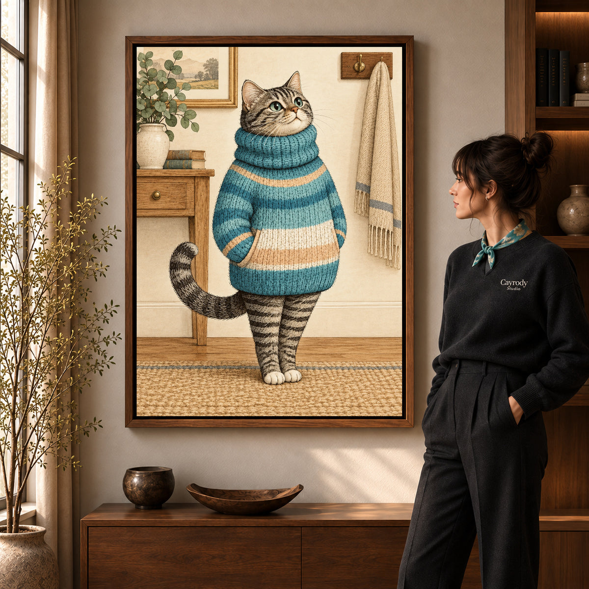 vintage sweater tabby canvas art shown in the walnut frame option within a warm living room.