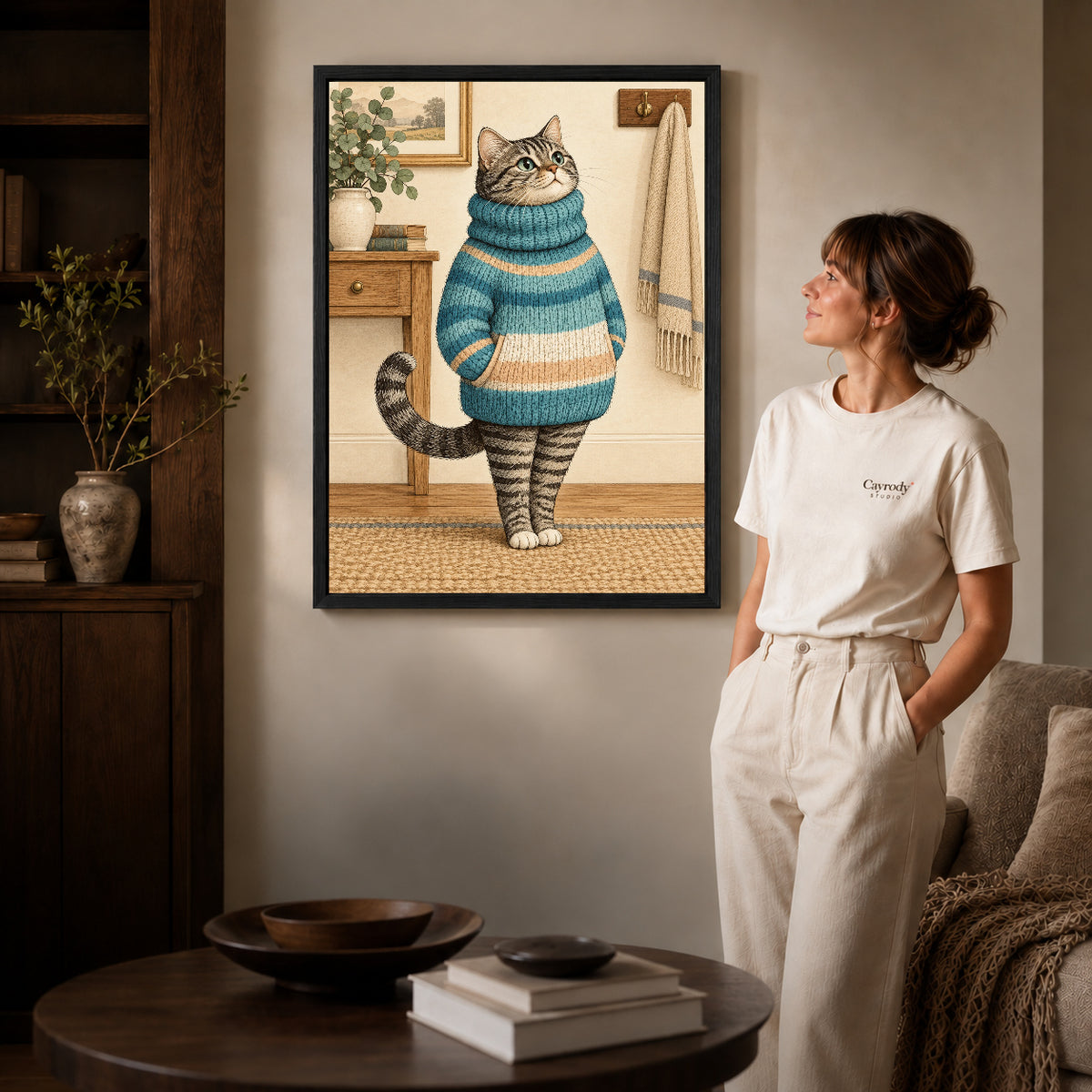 vintage sweater tabby canvas art shown in the black frame option against a softly lit wall.