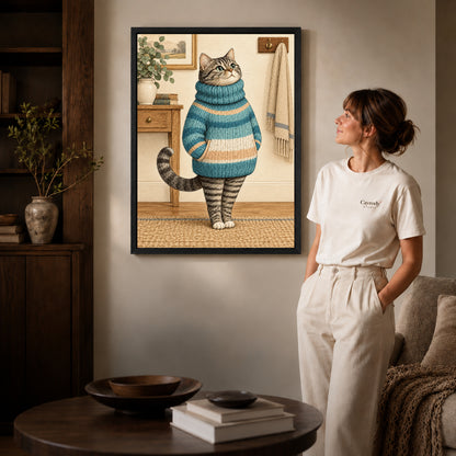 vintage sweater tabby canvas art shown in the black frame option against a softly lit wall.